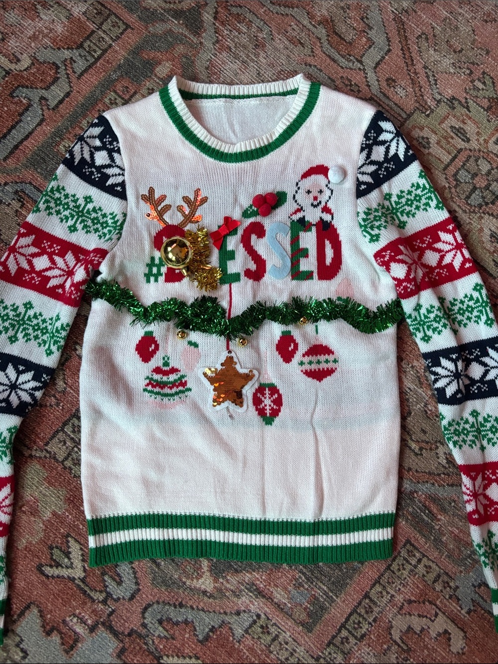 Ugly Festive White Christmas Sweater with Green Trim